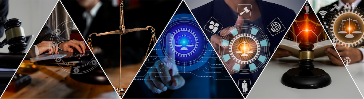 A collage of legal and justice symbols including a gavel, scales of justice, and digital interface icons related to law and legal technology.